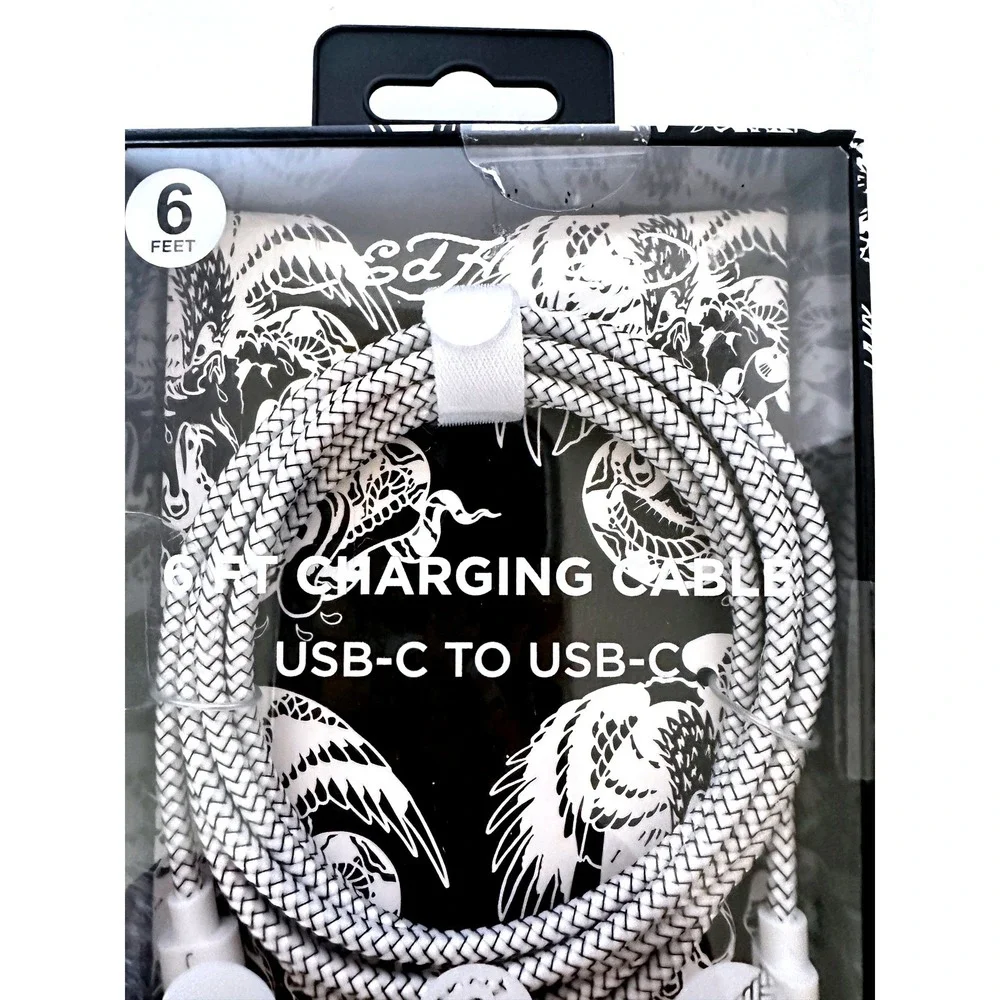 Ed Hardy USB-C to USB-C Charging Cable 6ft White Braided New PT0021EH-42